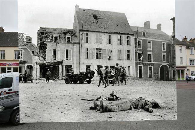 a-view-of-the-market-square-on-may-6-2014-in-trevieres-france-juxtaposed-with-the-image-of-the-body-of-a-german-soldier-belonging-to-the-2-infanterie-regiment-on-the-market-square-on-june-15-1944-w700