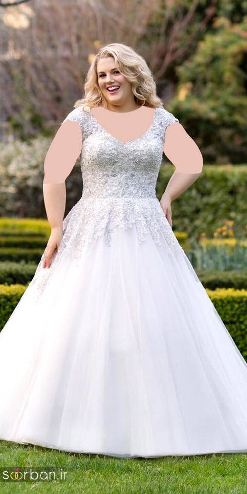 مدل لباس عروس دکلته با تور دانتل سایز بزرگ 2017 برای عروس های درشت اندام و تپل