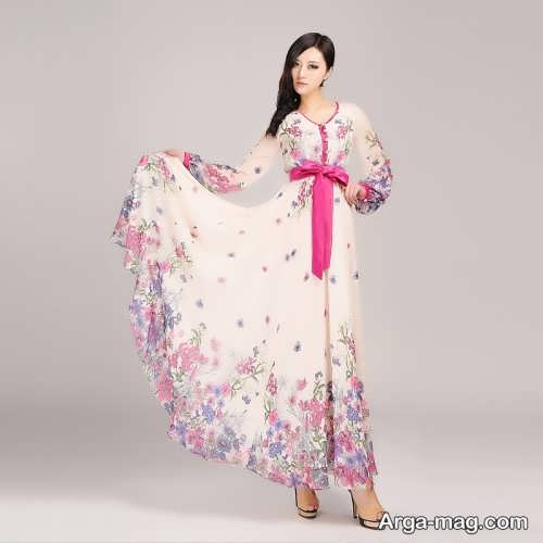 مدل لباس مجلسی بلند با پارچه حریر گلدار 