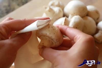 تمیز کردن قارچ با دستمال سفید مرطوب