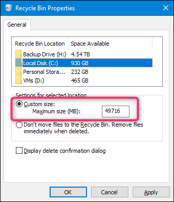 تغییر تنظیمات Recycle Bin