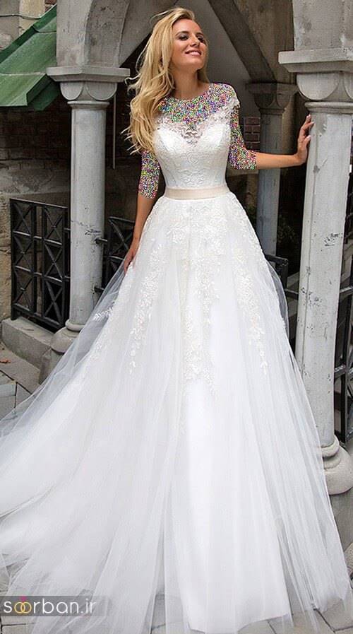 لباس عروس مدل آستین سه لباس عروسی با دامن توری