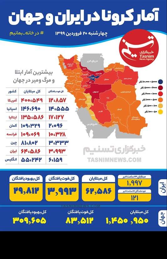 اینفوگرافیک/ آمار کرونا در ایران و جهان / چهار‌شنبه 20 فروردین 1399