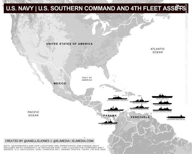 نگاهی به لشکرکشی آمریکا در جنوب دریای کارائیب/ نیروی دریایی آمریکا اشتباه یمن را در ونزوئلا تکرار می‌کند؟ +نقشه و تصاویر