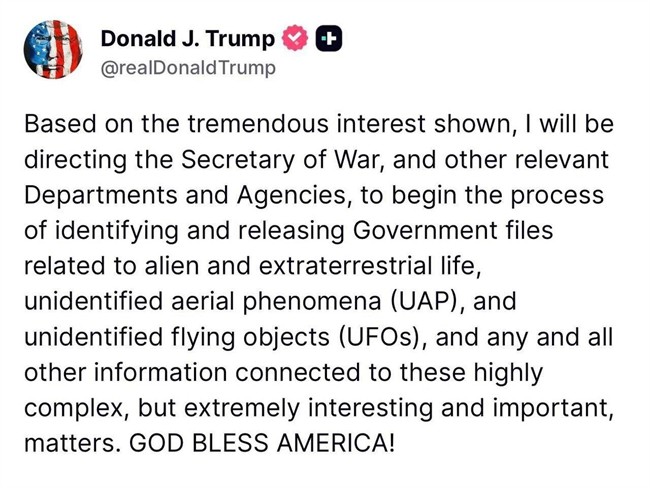 ترامپ دستور انتشار اسناد موجودات فضایی را صادر کرد