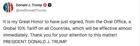 فرمان اعمال تعرفه 10 درصدی بر همه کشور‌ها را امضا کردم تا بلافاصله اجرایی شود