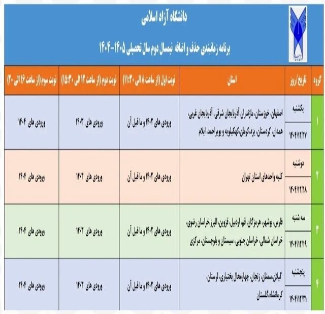 اعلام برنامه زمان‌بندی فرآیند حذف و اضافه نیمسال دوم دانشگاه آزاد