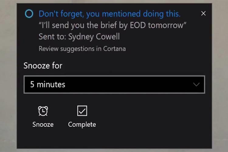 کورتانا قول و قرارهای ایمیلی را هم یادآوری می‌کند