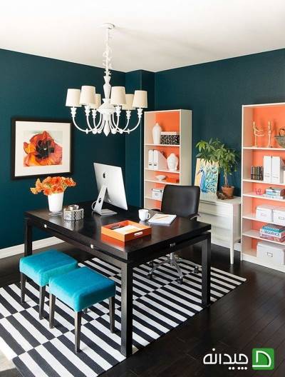 رنگ های آبی و نارنجی در اتاق کار خانگی