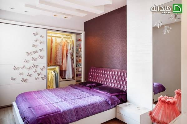 طراحی داخلی اتاق خواب مدرن با ترکیب رنگ سفید و بنفش