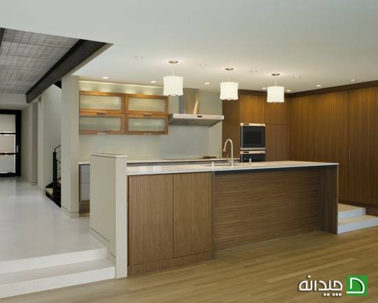 طراحی دکوراسیون داخلی اسشپز خانه مدرن با رنگ بلوطی کف 