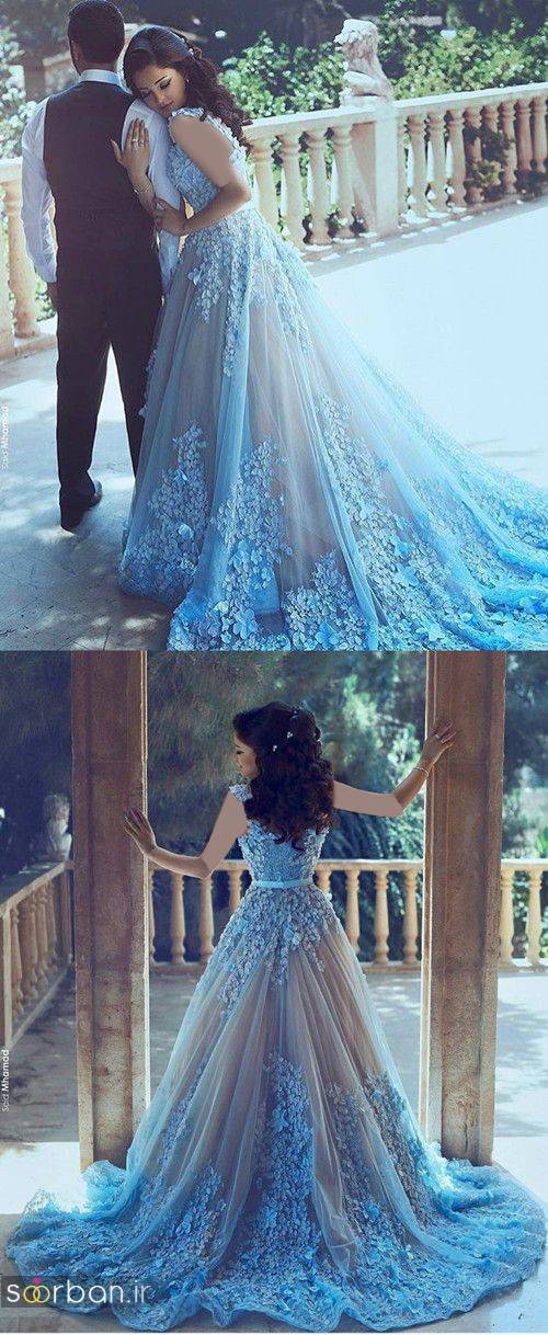 لباس عروس آبی دنباله دار جدید و بسیار زیبا