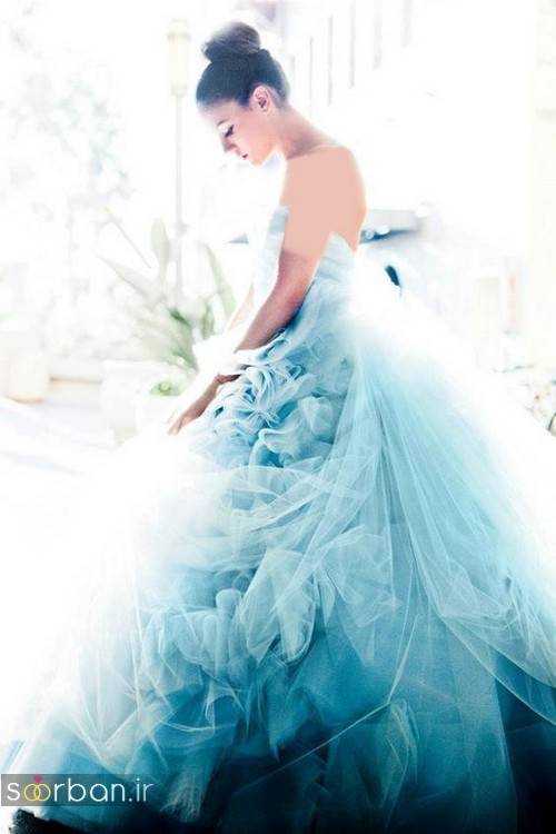 لباس عروس آبی پفی توری و دکلته