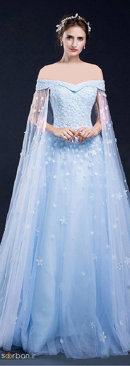 لباس عروس آبی یقه باز با تور