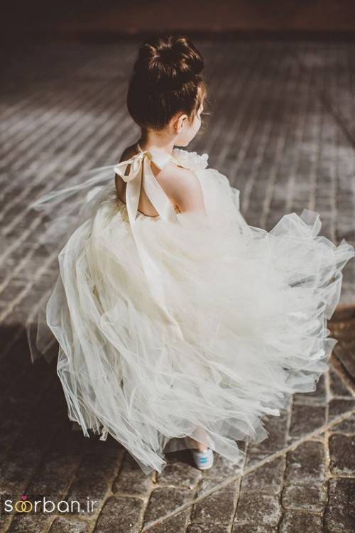 لباس عروس بچگانه 2017 شیک و شیک و زیبا  چین دار با تور