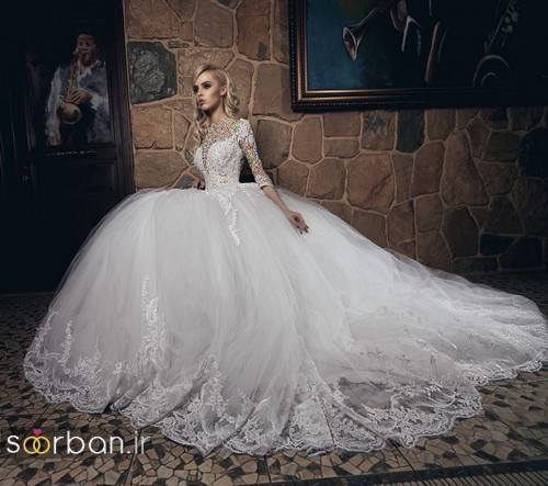 مدل لباس عروسی پرنسسی جدید آستین دار با تور دانتل و شیک و زیبا