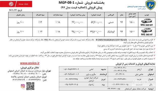 جدول فروش ام جی 360