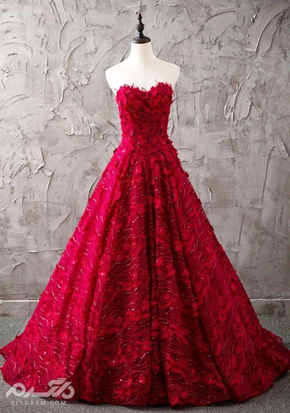 مدل لباس نامزدی بلند قرمز رنگ مناسب برای جشن عقد و حنابندان - دلگرم