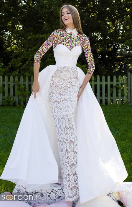 مدل لباس مجلسی بلند سفید با بالاتنه گیپور 2018
