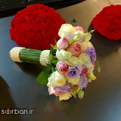 دسته گل عروس جدید ایرانی 96 با رنگ های قرمز و بنفش