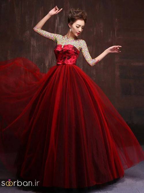 لباس حنابندان، عقد و نامزدی قرمز بلند زیبا 2018- لباس حنابندان، عقد و نامزدی قرمز بلند چین دار با تور