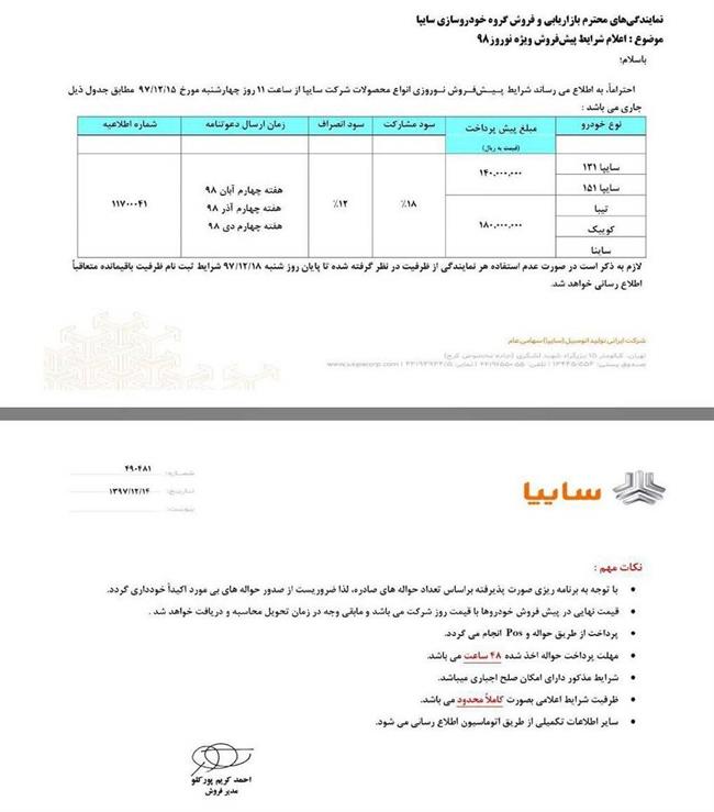 شرایط پیش فروش نوروزی محصولات سایپا +جدول