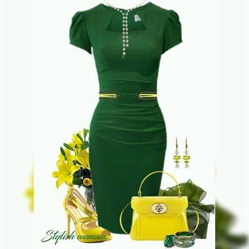 ست لباس مجلسی سبز شویدی با کیف و کفش زرد زیبا
