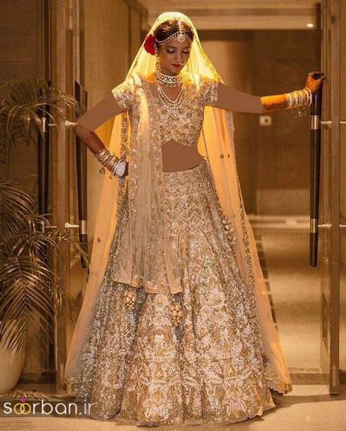 لباس عروس هندی بلند زیبا 2018- لباس عروس هندی بلند چین دار با تور
