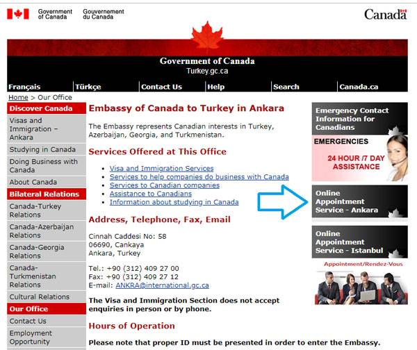 بخش ONLINE APPOINTMENT‌ در سایت دولتی کانادا