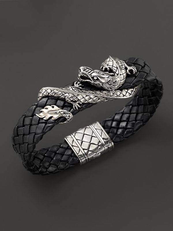 دستبند چرمی اسپرت مردانه مشکی با سگک استیل طرح اژدها