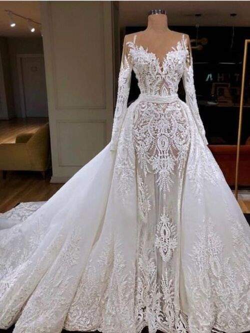  لباس عروس دانتل دو دامنه و آستین دار