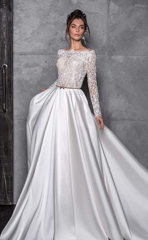  لباس عروس آستین دار با بالا تنه دانتل