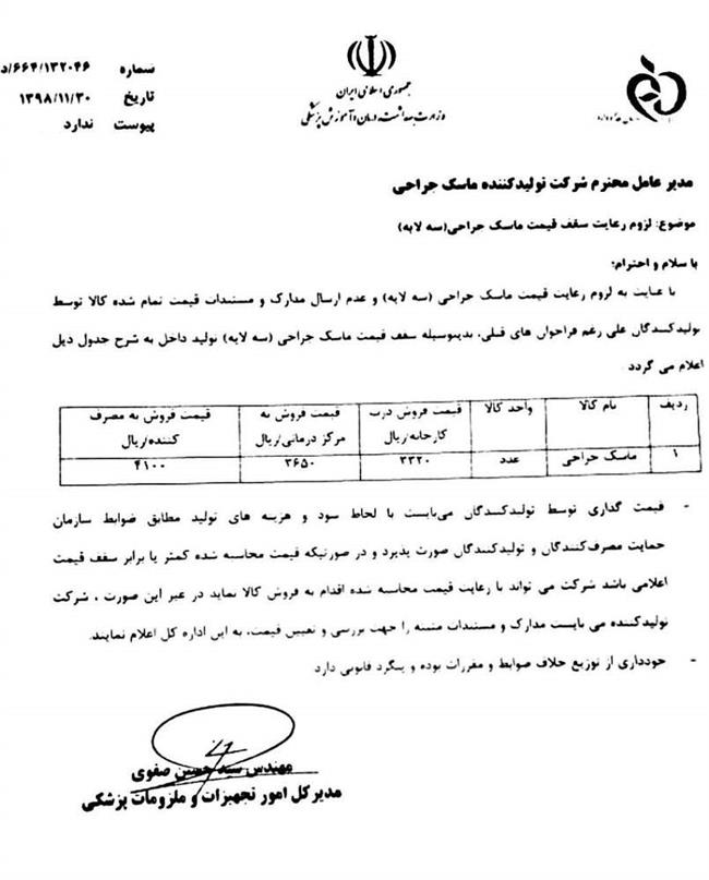 قیمت رسمی ماسک در کشور اعلام شد