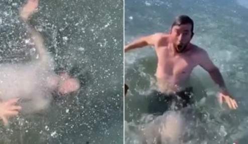 ماجراجویی خطرناک جوان خام در دریاچه یخ زده! +عکس