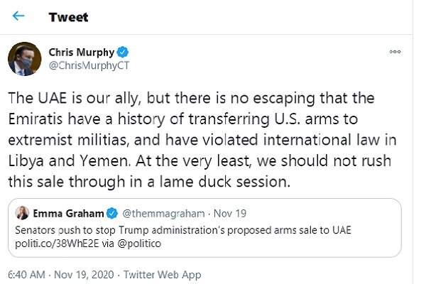 تصویه سناتور مورفی به ترامپ درباره فروش سلاح به امارات