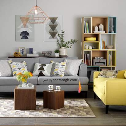 الکوهای هندسی را به ترکیب رنگی زرد و طوسی اضافه کنید,دکوراسیون اتاق نشیمن به رنگ سال با 6 ایده جالب و زیبا