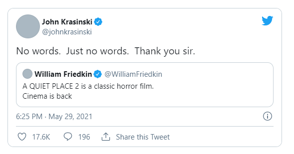 ویلیام فریدکین کارگردان فیلم مشهور The Exorcist در توییتر از دیدگاه مثبت خود به دنباله فیلم A Quiet Place 2 گفته است.