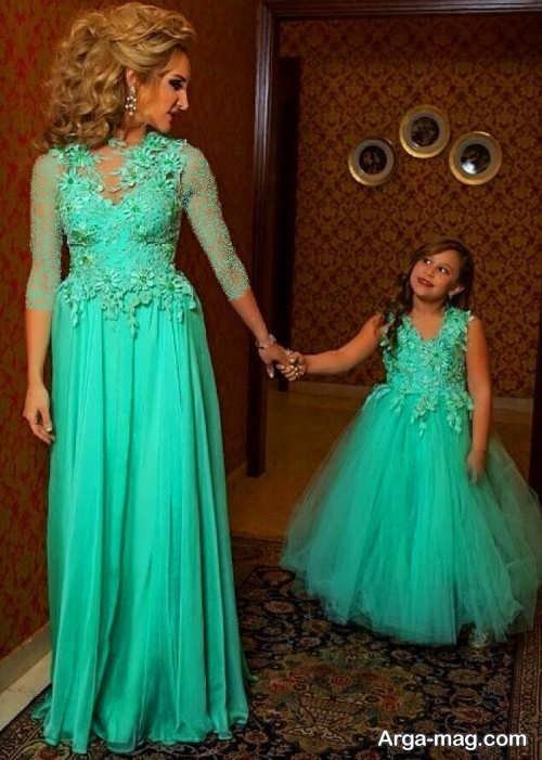 مدل لباس مجلسی سبز و بلند برای مادر و دختر 