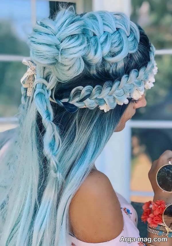 شینیون دخترانه شیک و زیبای مو رنگ شده آبی