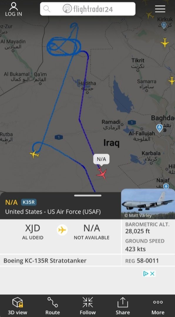 همزمان با حمله نظامی ایران به اسرائیل، هواپیمای نظامی آمریکا در آسمان عراق دیده شد (+عکس)