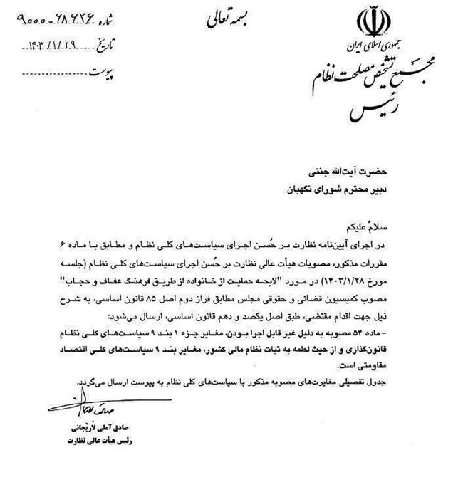 نامه مهم آملی لاریجانی به جنتی درباره لایحه عفاف و حجاب و برداشت جریمه از حساب زنان