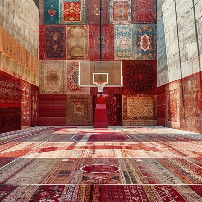 تصاویری شگفت‌انگیز از زمین بسکتبال و توپ بسکتبال با طرح و نقش فرش ایرانی