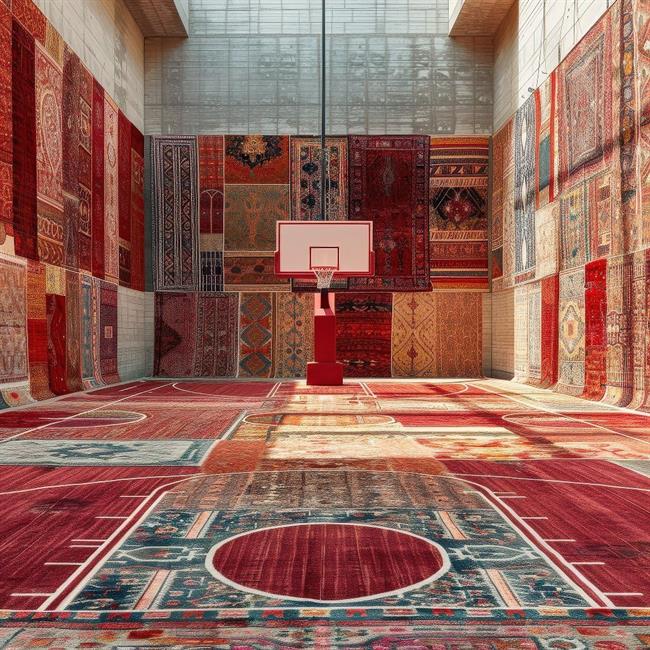 تصاویری شگفت‌انگیز از زمین بسکتبال و توپ بسکتبال با طرح و نقش فرش ایرانی