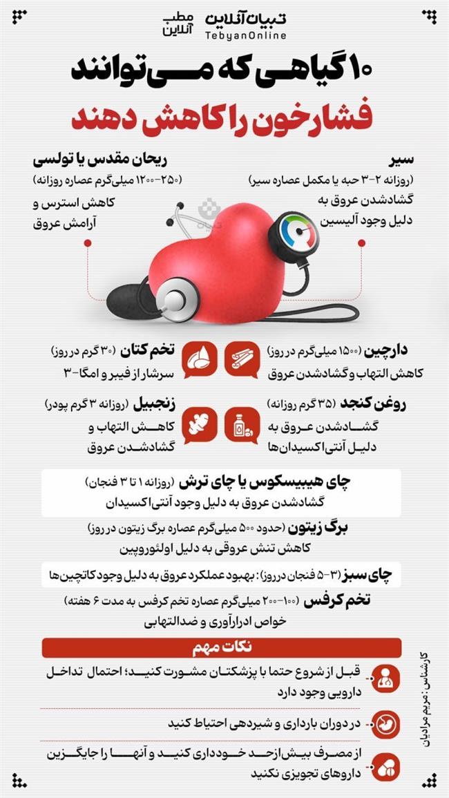 10 گیاهی که می‌توانند فشارخون را کاهش دهند(اینفوگرافی)