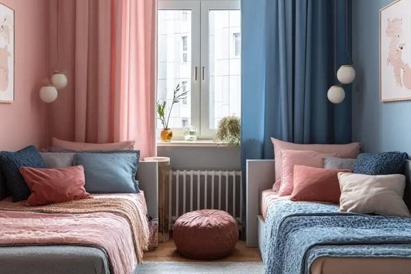 پرده‌های هماهنگ با دو رنگ شخصی؛ ایده طراحی اتاق مشترک دختر و پسر