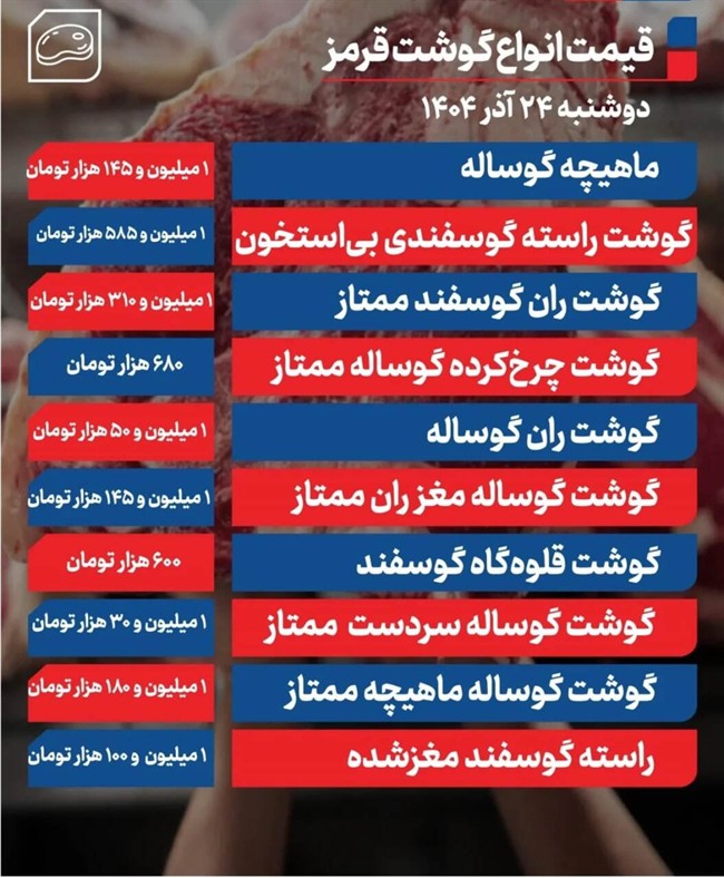 قیمت گوشت قرمز امروز دوشنبه ۲۴ آذرماه قیمت گوشت قرمز امروز دوشنبه ۲۴ آذرماه